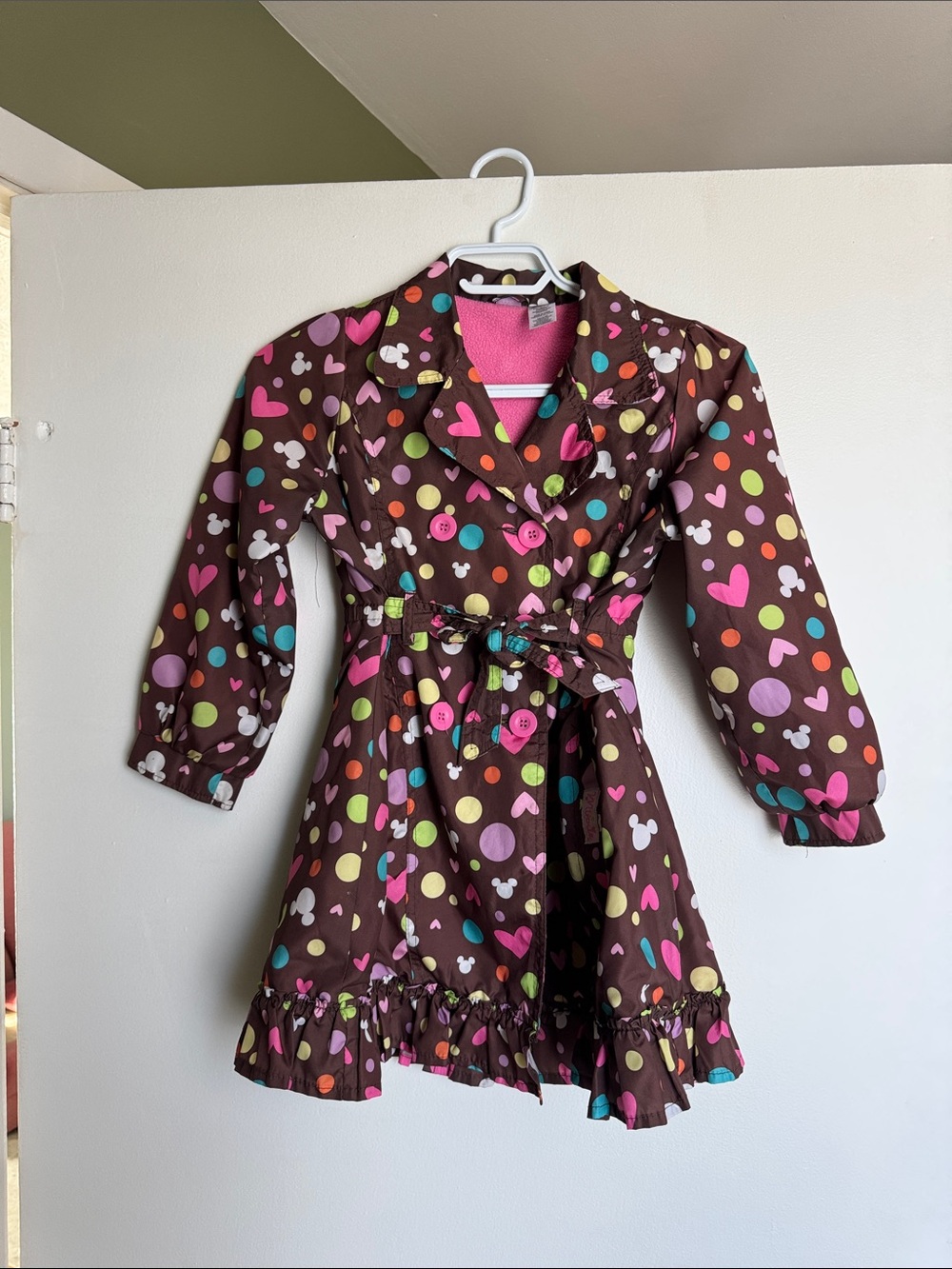 Girls Brown Polka Dot Disney Trench Coat with Hearts and Mickey Icons